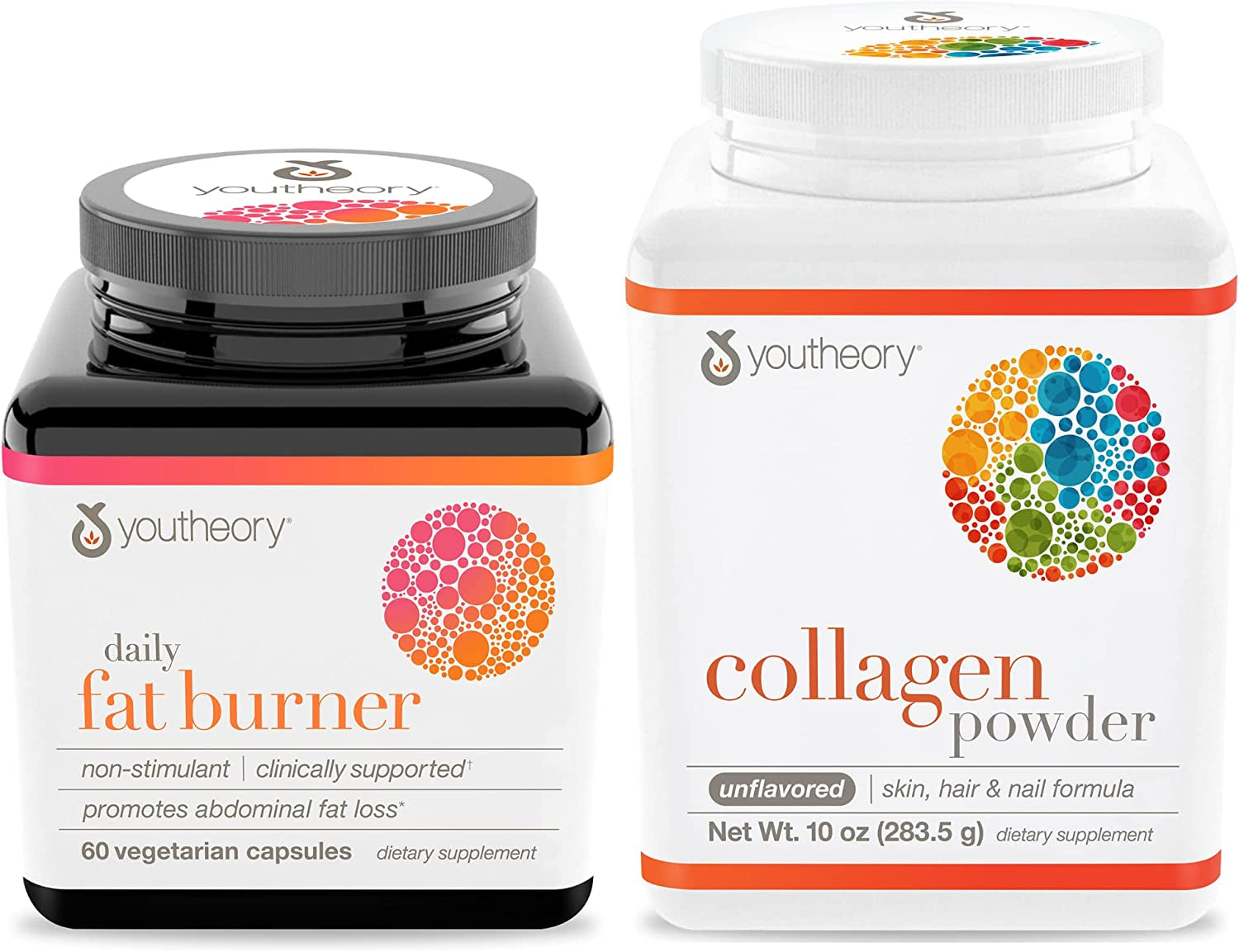 Youtheory Daily Fat Burner Vegetarian Capsules, Healthy Weight Management, 60 Ct, Collagen Powder Unflavored, 10 Ounce Bottle