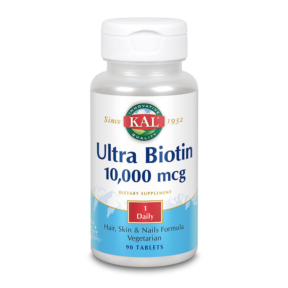 KAL Ultra Biotin 10,000 Mcg | Healthy Hair Growth Formula | Skin & Nail Health Support | Vegetarian | 90 Tabs, 90 Serv.
