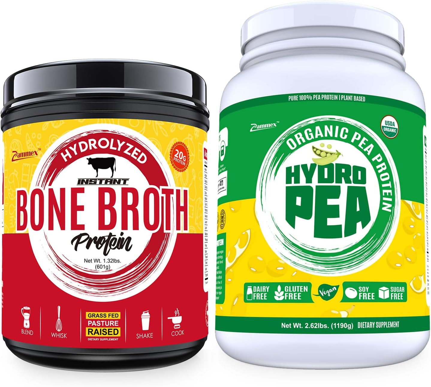Zammex Pure Grass Fed Beef Bone Broth Protein Powder, 100% Pea Protein Powder(Unflavored)
