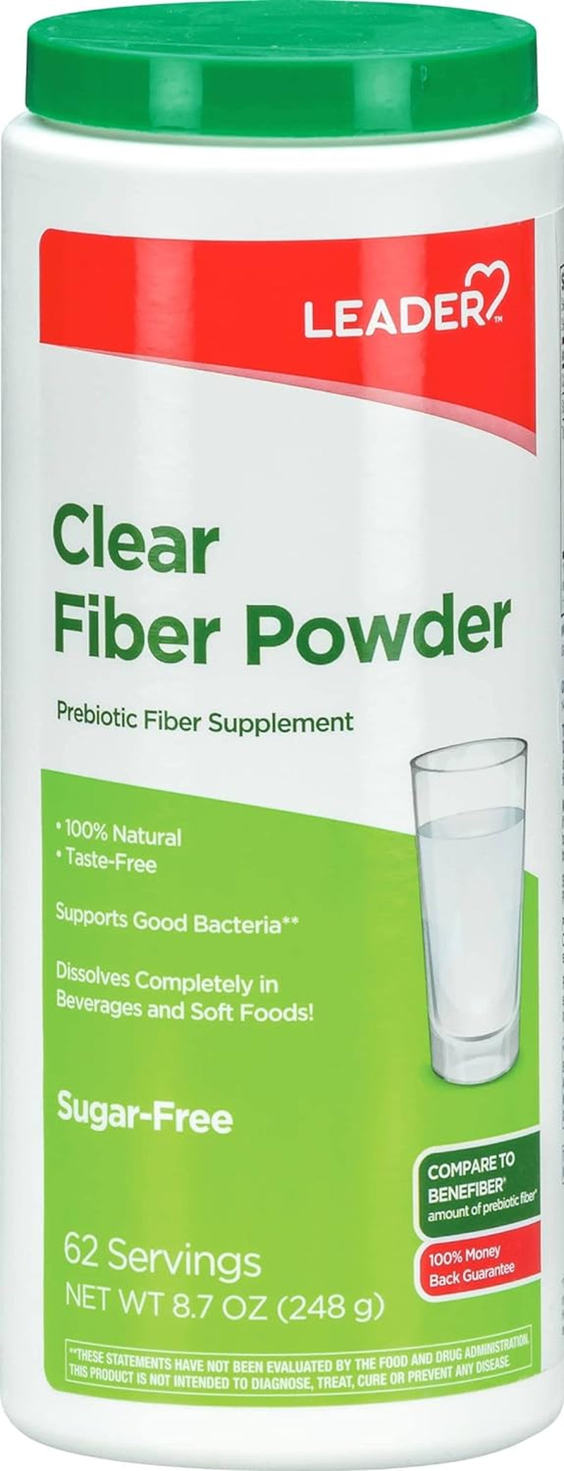 Leader Prebiotic Fiber Supplement Powder for Digestive Health, 100% Natural Daily Fiber Powder, Sugar-Free, Taste-Free, Gluten Free, Non-Gmo, Unflavored, 62 Servings (8.7 OZ)