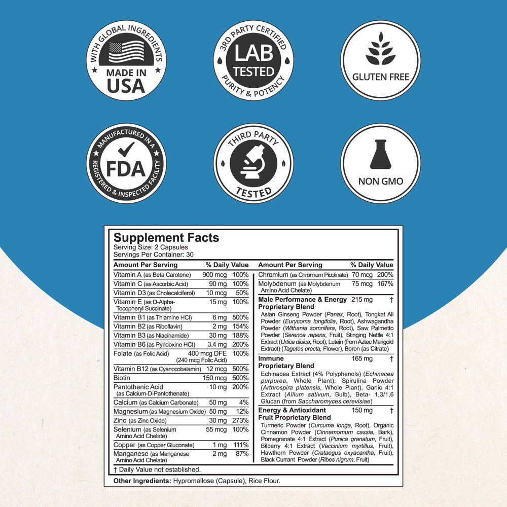 Men’S Multi 18+ by Nubest, 20+ Vitamins & Minerals for Enhanced Immunity, Energy, Health, Muscle, Performance & More, 60 Vegan Capsules