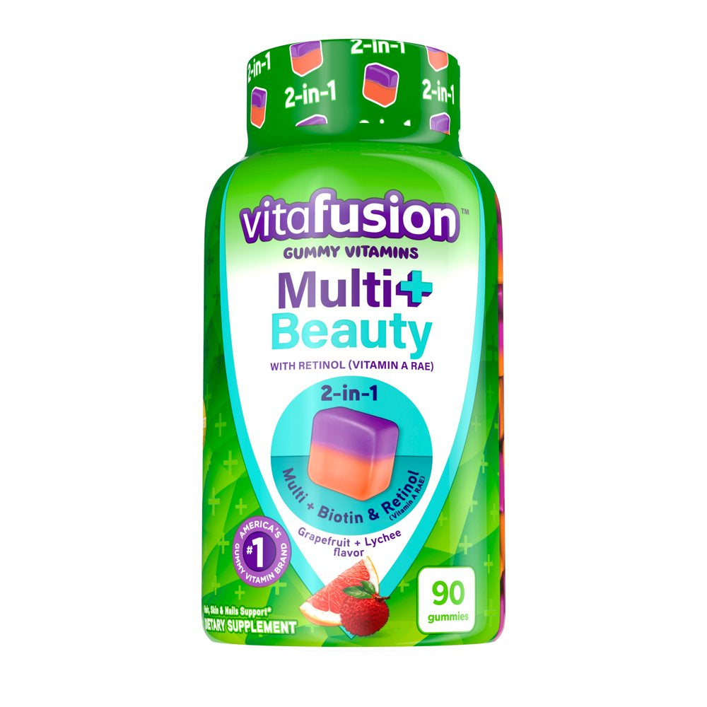 Vitafusion Multi+ Beauty – 2-In-1 Benefits & Flavors – Adult Gummy Vitamins with Hair, Skin & Nails Support* (Biotin & Retinol (Vitamin a RAE)) and Daily Multivitamin, 90 Count