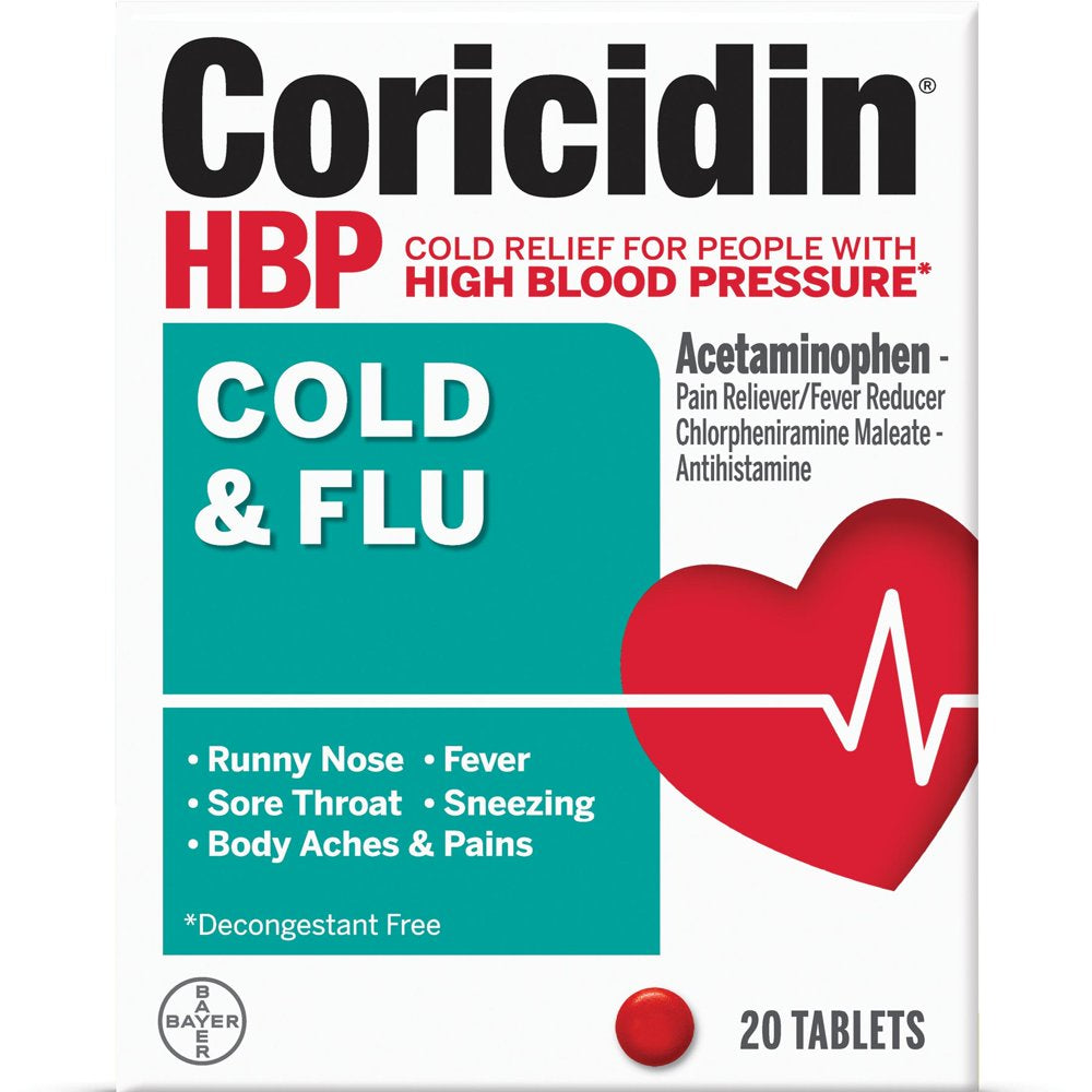 Coricidin HBP Cold & Flu Relief Tablets, High Blood Pressure, 20 Ct