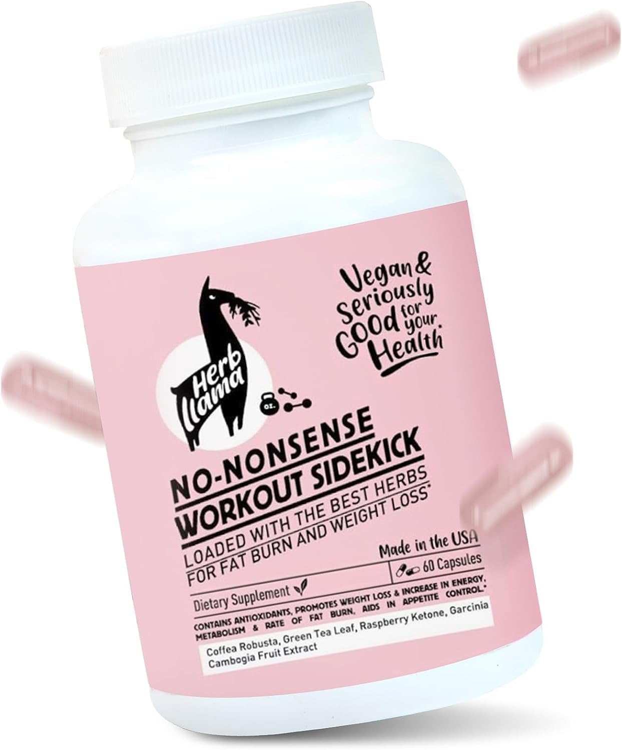 Herb Llama No-Nonsense Workout Sidekick, Enhanced with Antioxidants, Natural Energy and Metabolism Booster for Weight Management, Plant-Based Superfood Supplement with Fruit Extracts, 60 Capsules