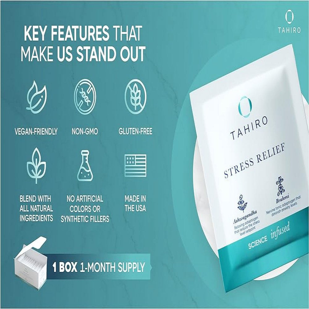 Tahiro Stress-Relief Supplement β Natural Brain Support Supplement with Magnesium, Vitamin B, Ashwagandha, Brahmi β Non-Gmo Vegan Brain Booster Supplement for Focus and Energy β 28-Packets, 56 Total