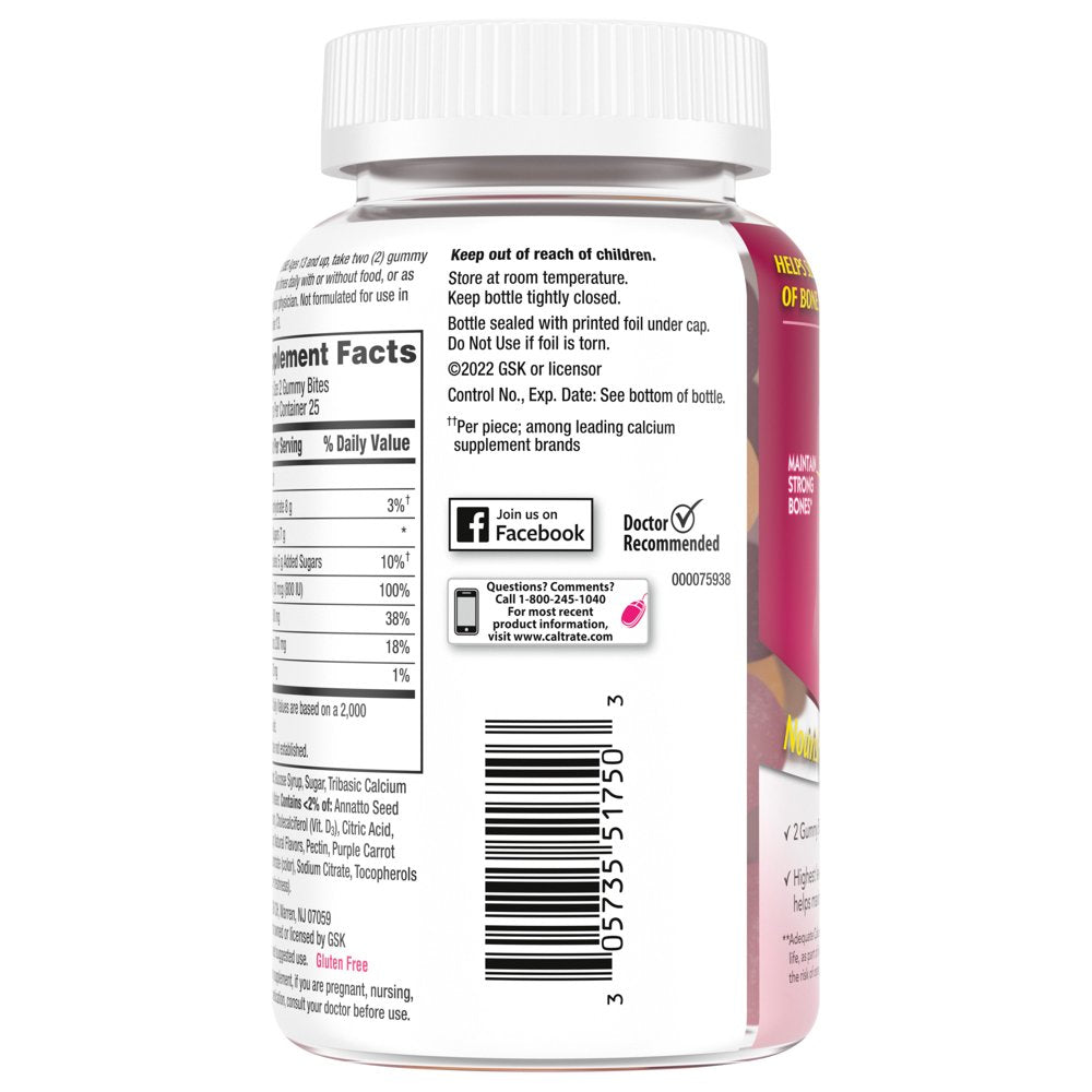 Caltrate Gummy Bites 500 Mg Calcium and Vitamin D Supplement, Black Cherry, Strawberry, Orange - 50 Count