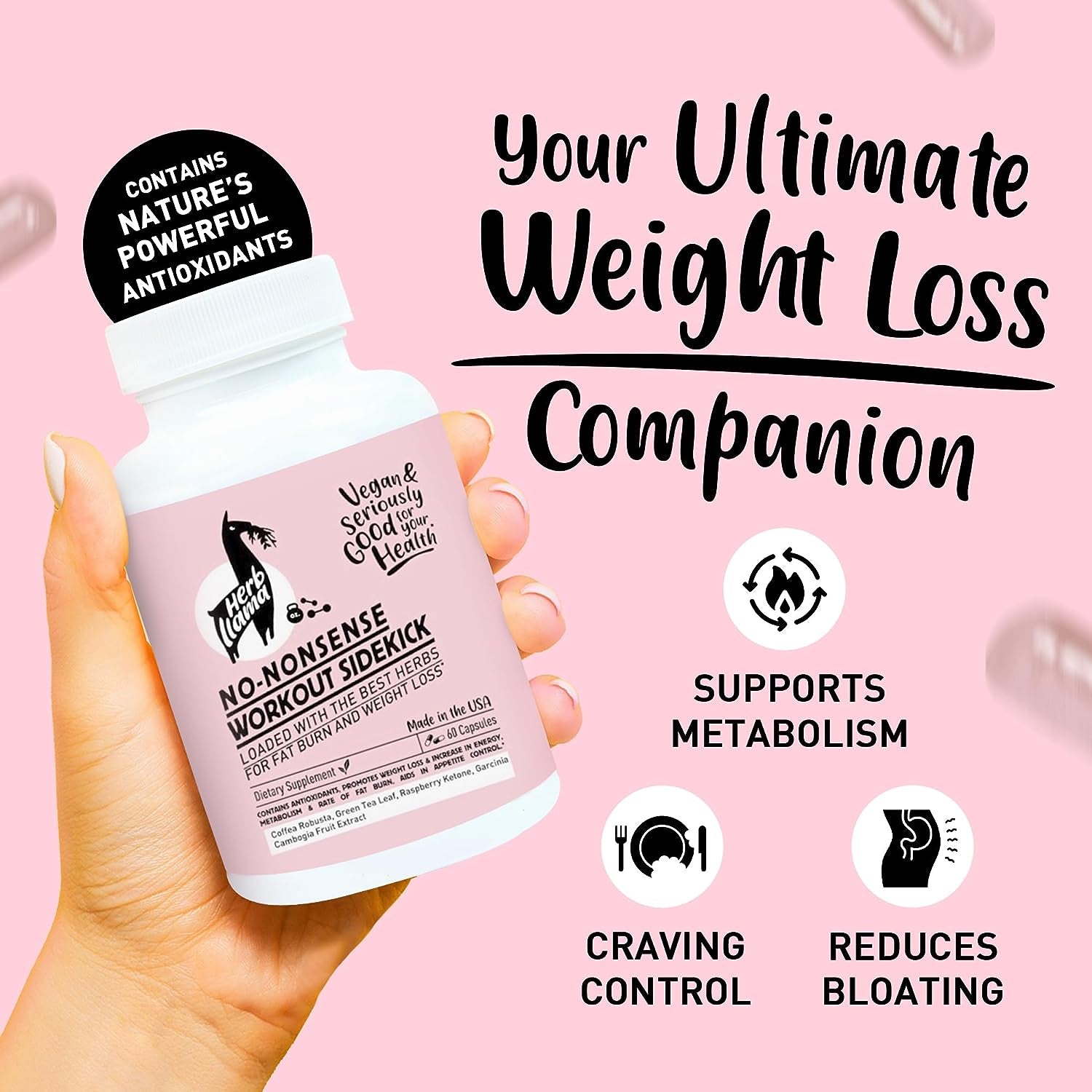 Herb Llama No-Nonsense Workout Sidekick, Enhanced with Antioxidants, Natural Energy and Metabolism Booster for Weight Management, Plant-Based Superfood Supplement with Fruit Extracts, 60 Capsules