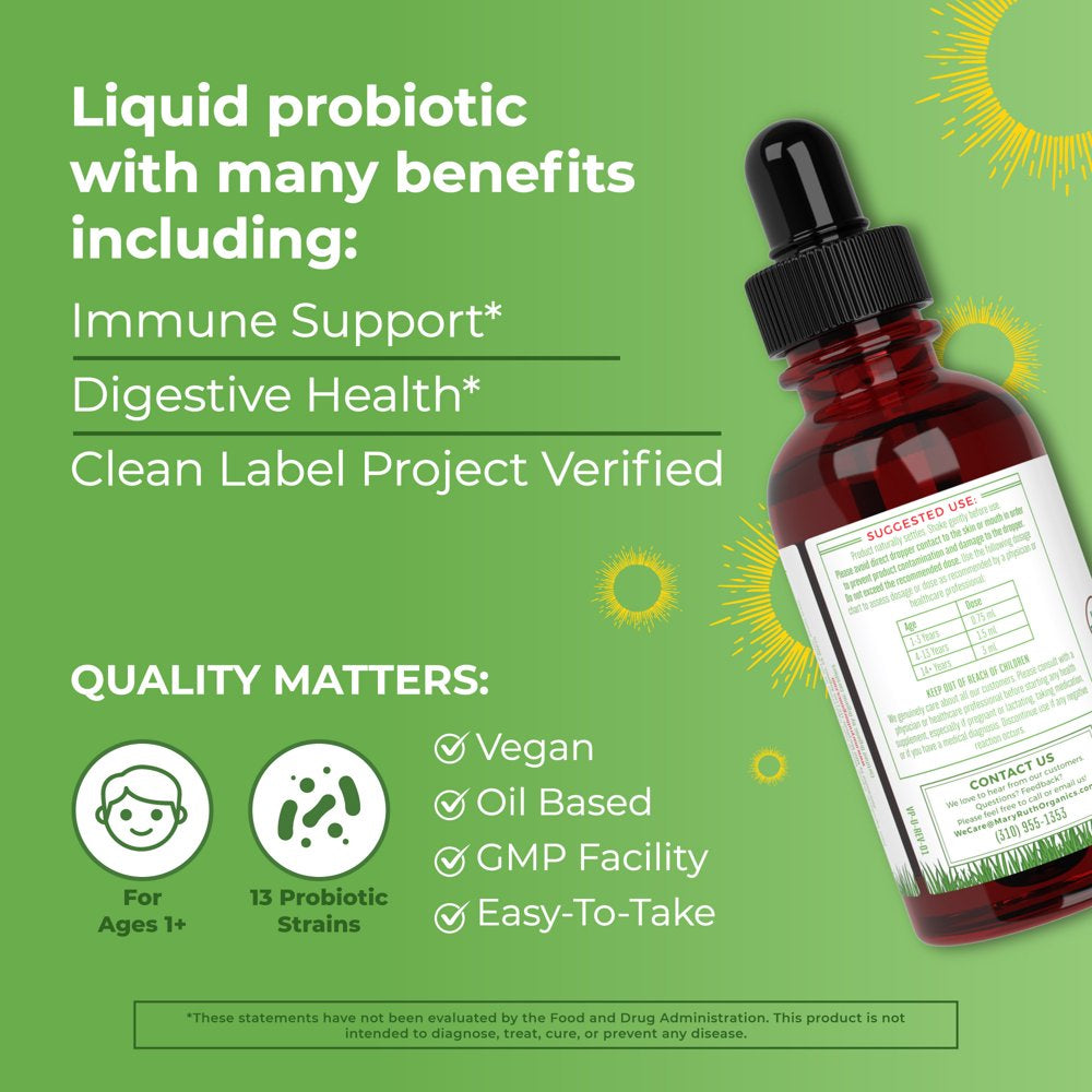 Maryruth Organics | Organic Liquid Probiotic for Adults & Kids | Vegan, Non-Gmo | Unflavored with Acidophilus | 2 Fl Oz