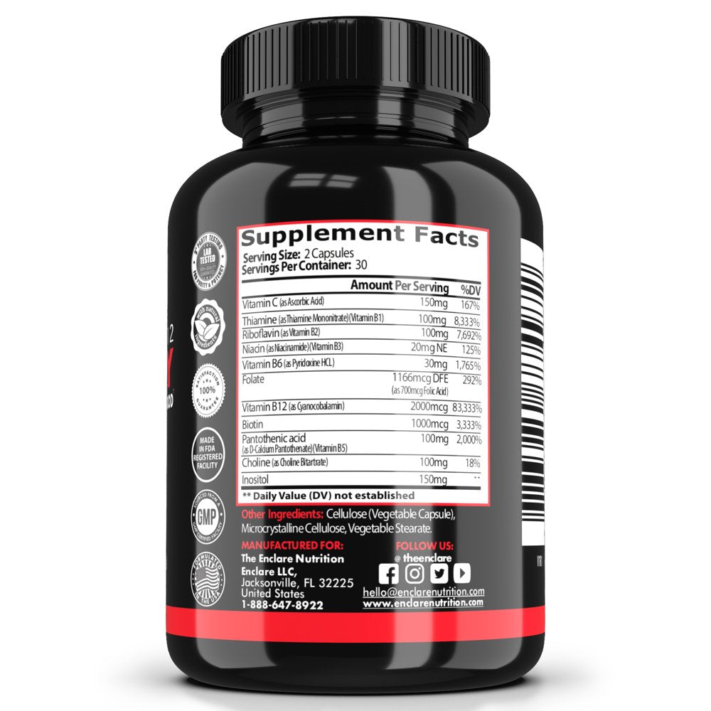 Vitamin B12 2000 Mcg 60 Capsules, Vitamin B Complex Energy Supplement, Metabolism Booster with Vitamin B-12, B6, B7 as Biotin, B3 as Niacin, Folic Acid, B1, B2, B5, B9 & Vitamin C - 60 Ct.