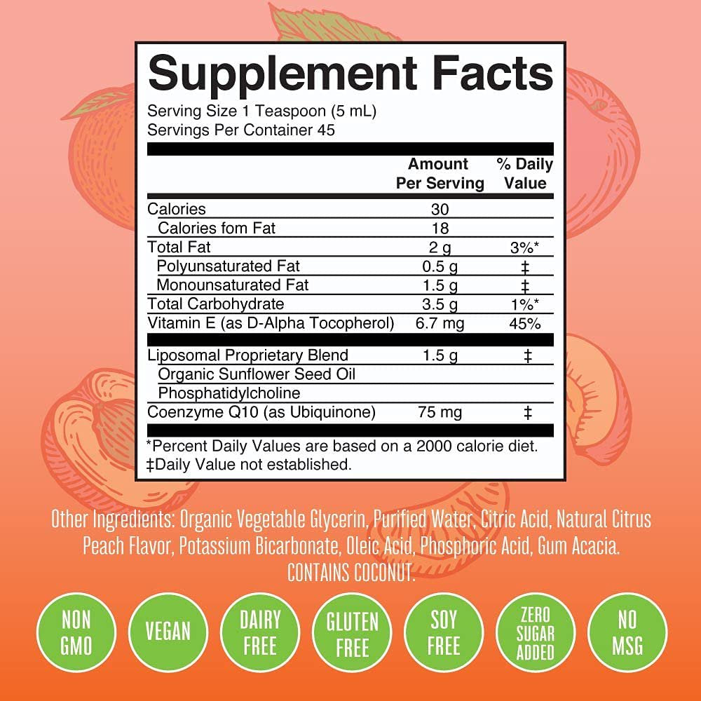 Maryruth Organics | Coq10 Liposomal | High Potency Antioxidant and Energy Support | Vegan | Citrus Peach Flavor | 7.6 Fl Oz / 225 Ml