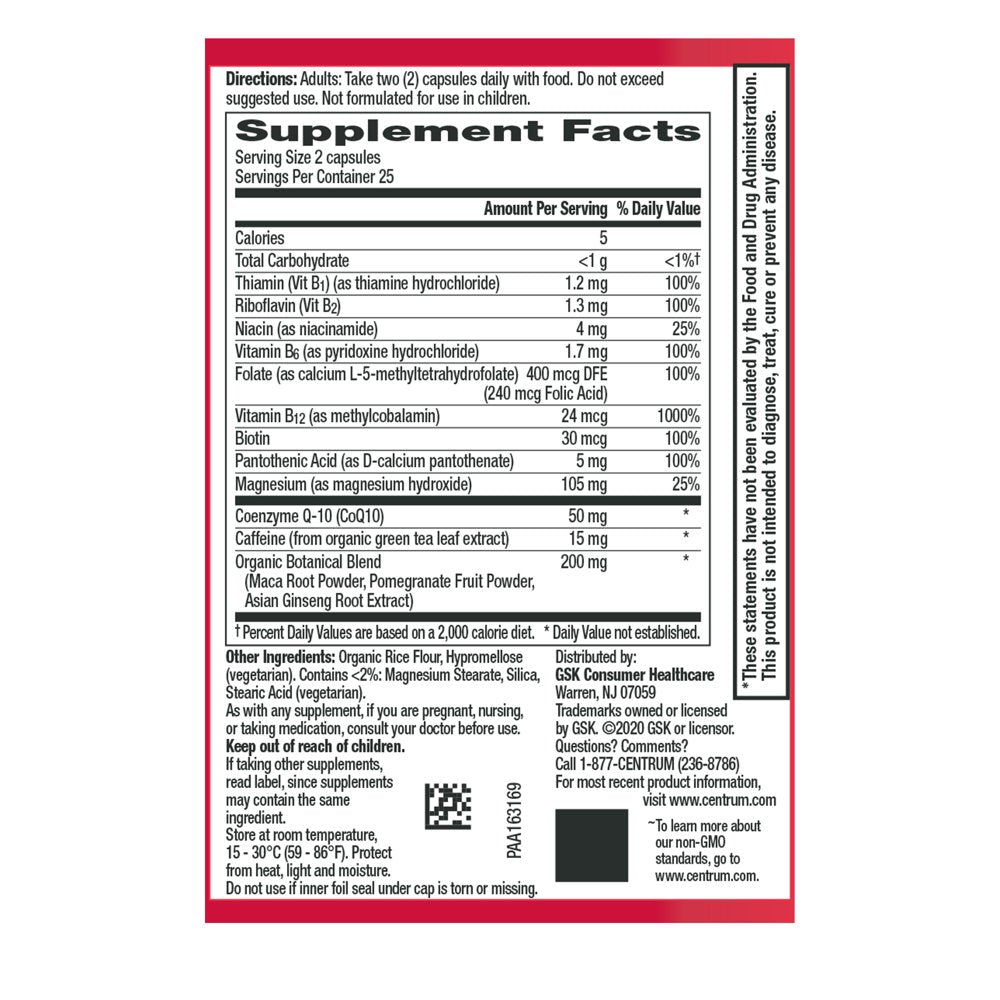 Centrum Energy & Vitality Dietary Supplement, with Coq10, Maca Root and Ginseng - 50 Ct