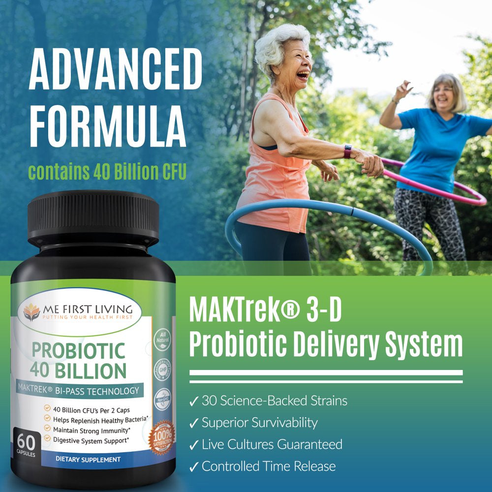 Probiotic 40 Billion CFU Supplement, Maktrek Bi-Pass Technology, Triple Strength, for Men and Women - 60 Capsules