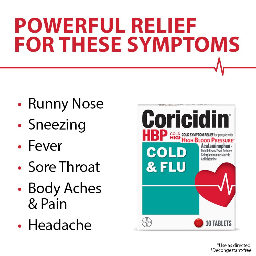 Coricidin HBP Cold & Flu Relief Tablets, High Blood Pressure, 20 Ct