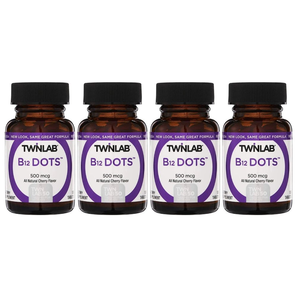 Twinlab B12 Dots - Vegetarian Vitamin B12 Sublingual Natural Energy Pills - for Nerve & Brain Health, Energy Boost & Daily Immune Support - 500Mcg, Cherry Flavor 100 Lozenges, 4 Pack