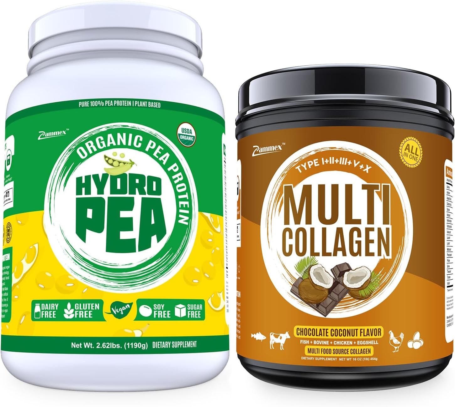 Zammex 100% Pea Protein Powder(Unflavored)+ Multi Collagen Protein Powder Chocolate Coconut