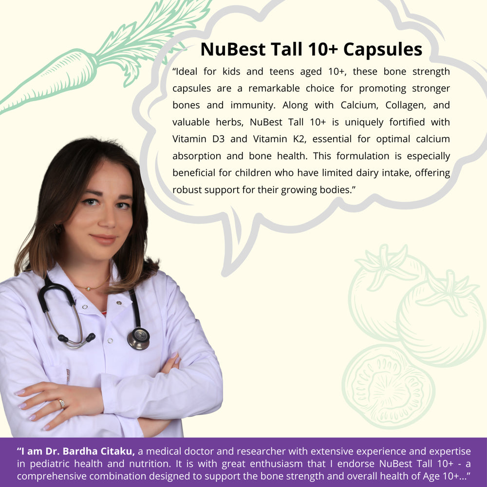 Nubest Tall 10+, Advanced Bone Growth Formula, Support Bone Strength and Bone Growth, for Children (10+) and Teens Who Drink Milk Daily, 60 Capsules