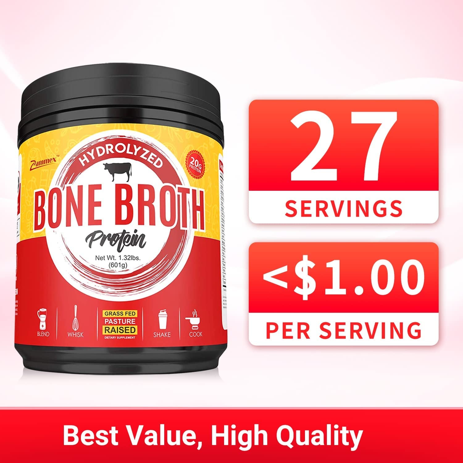 Zammex Pure Grass Fed Beef Bone Broth Protein Powder, 100% Pea Protein Powder(Unflavored)
