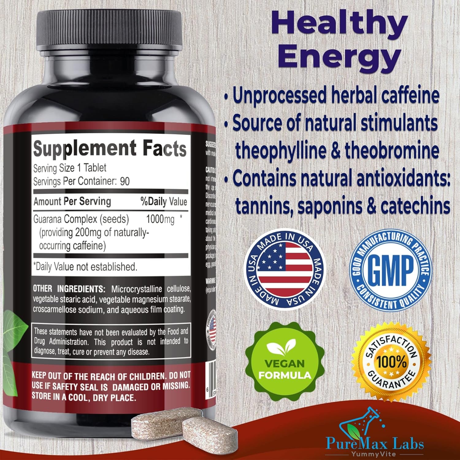 Natural Energy Guarana 1000MG - Provides 200MG of Herbal Caffeine (2 Cups Coffee), Antioxidants, Boost Mental Focus, Natural Caffeine Tablets, 90 Tablets