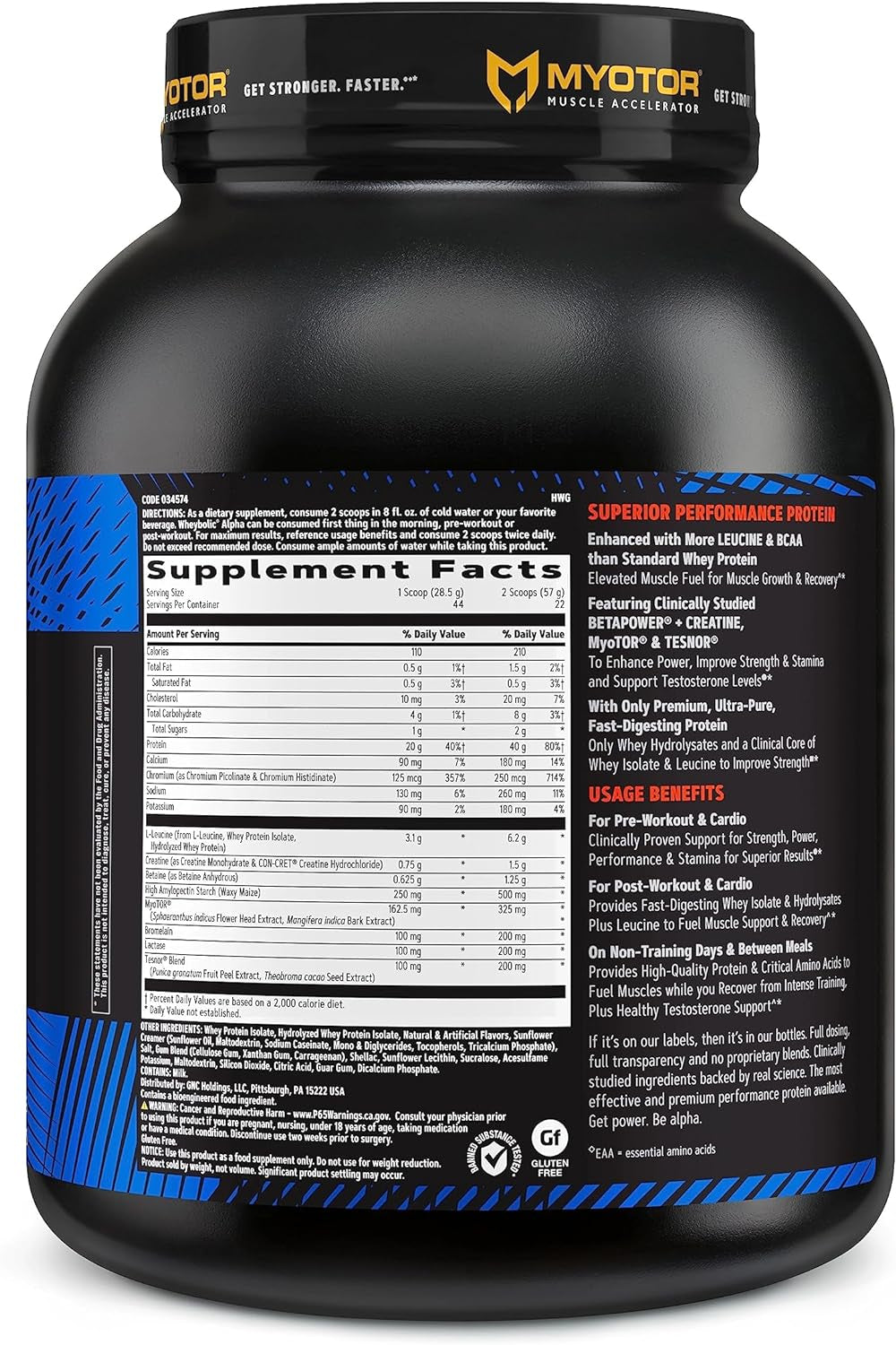 GNC AMP Wheybolic Alpha with Myotor Protein Powder | Targeted Muscle Building and Workout Support Formula with BCAA | 40G Protein | Classic Vanilla | 22 Servings