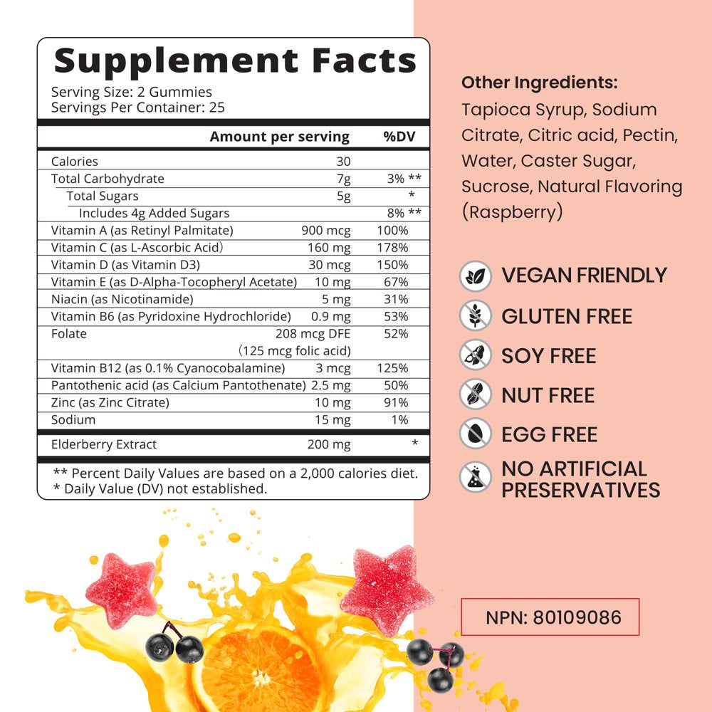 Belive Elderberry Gummies with Vitamin C – Double Strength Elderberry with Immune Boosting Vitamin D, B-Complex, and Zinc - Raspberry Flavor (50 Count)