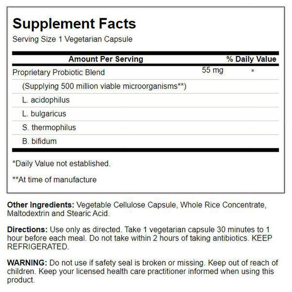 KAL Acidophilus Probiotic - 4 | for Intestinal Flora Nutritive Support | 500 Million Cfus, 4 Strains | for Men & Women | Vegetarian Capsules | 100Ct