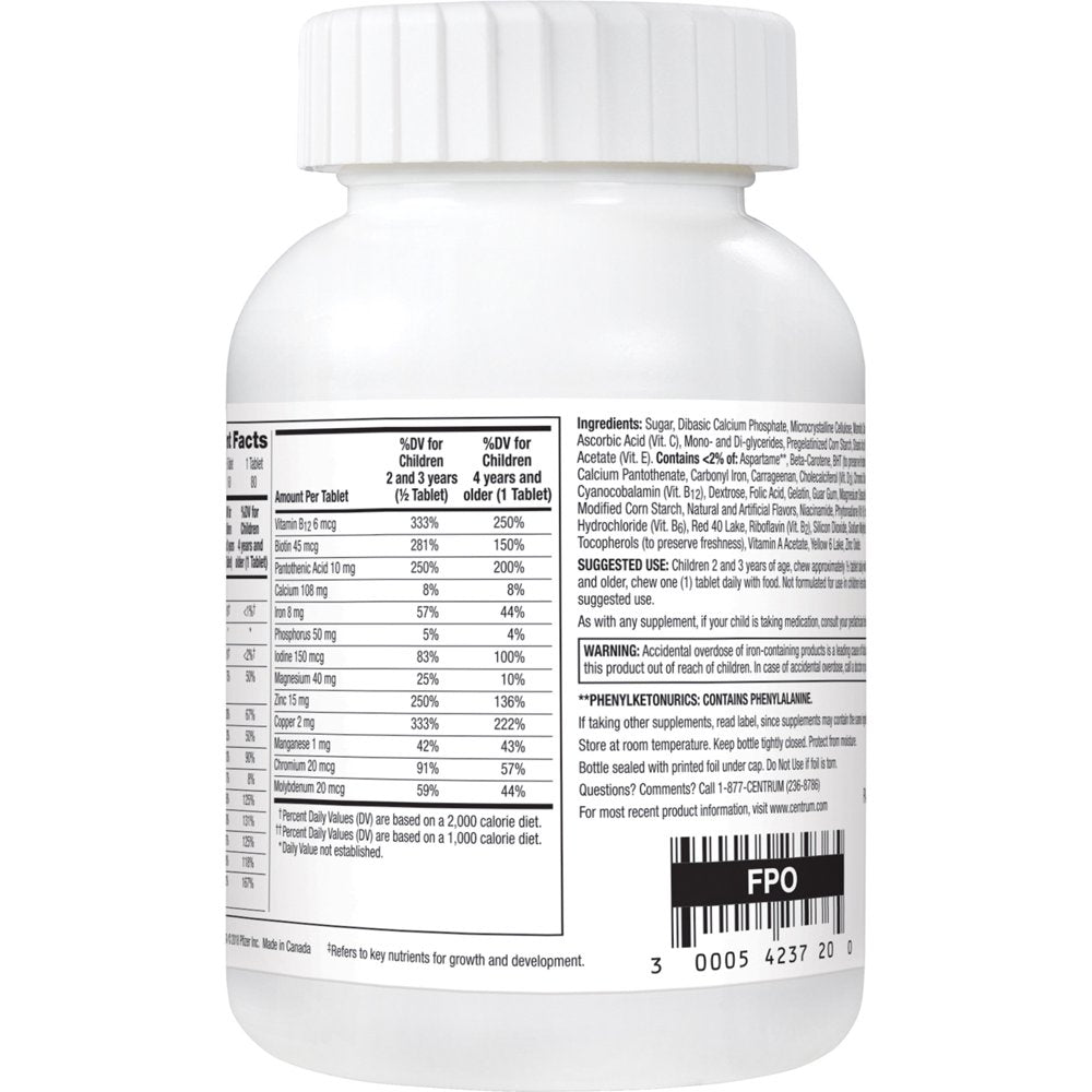 Centrum Kids Multivitamin Supplement Chewable, Fruit, 80 Count