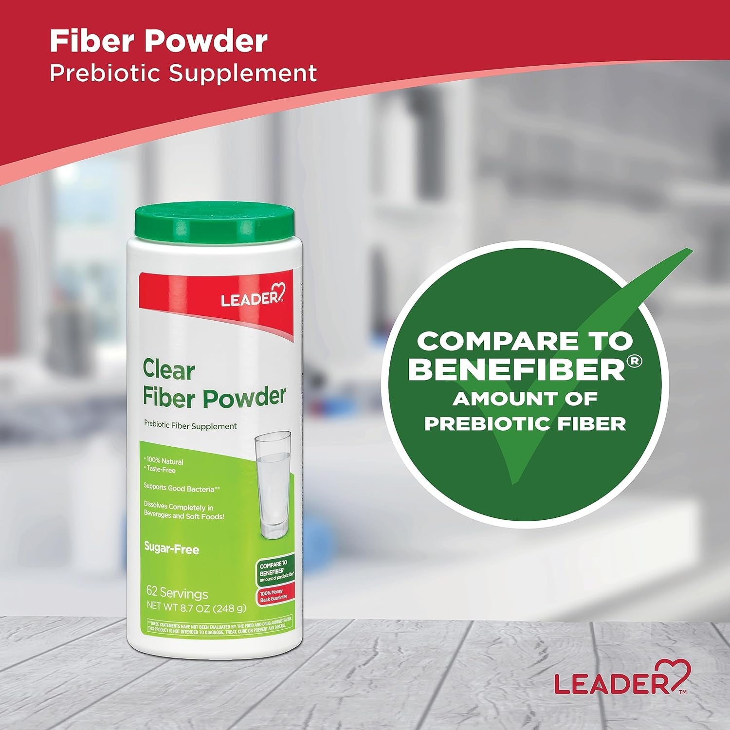 Leader Prebiotic Fiber Supplement Powder for Digestive Health, 100% Natural Daily Fiber Powder, Sugar-Free, Taste-Free, Gluten Free, Non-Gmo, Unflavored, 62 Servings (8.7 OZ)