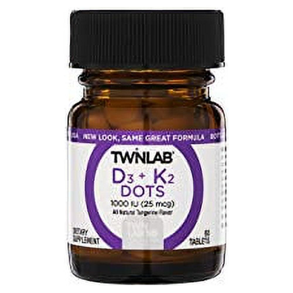 Twinlab D3 + K2 Dots - Vitamin D3 & Vitamin K2 Supplement for Immune Support, Bone Health & Heart Health - Vitamin D 1000 IU + Vitamin K 90 Mcg for Bone Strength, Tangerine Flavor, 60 Tablets, 1-Pack