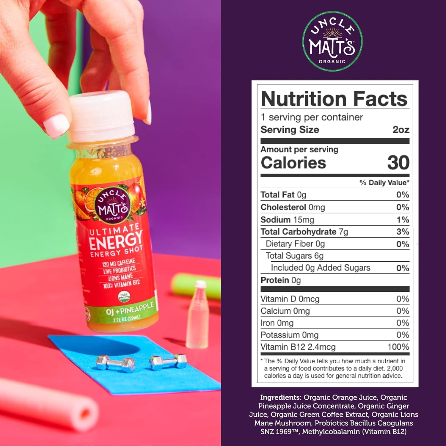 Uncle Matt'S Ultimate Energy Shot, Organic Fruit Juice Drink with 120 Mg Clean Caffeine, Lions Mane, Probiotics, Vitamins, Antioxidants, 12 Pack of 2 Oz Bottles