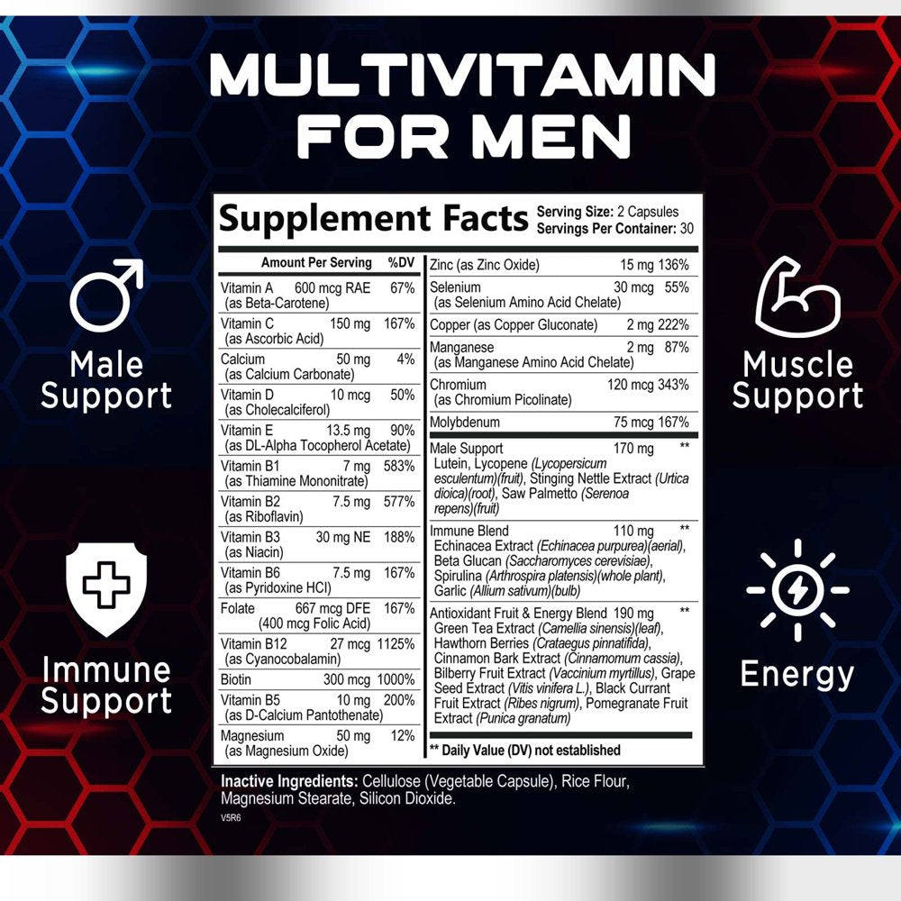 Mens Multivitamins | Men'S Multi with Vitamins A, C, D, E, B, Lycopene, Zinc, Calcium & More | Energy & Immune Health Support Supplement for Him, Adult Daily Vitamin Multivitamin for Men - 60 Capsules