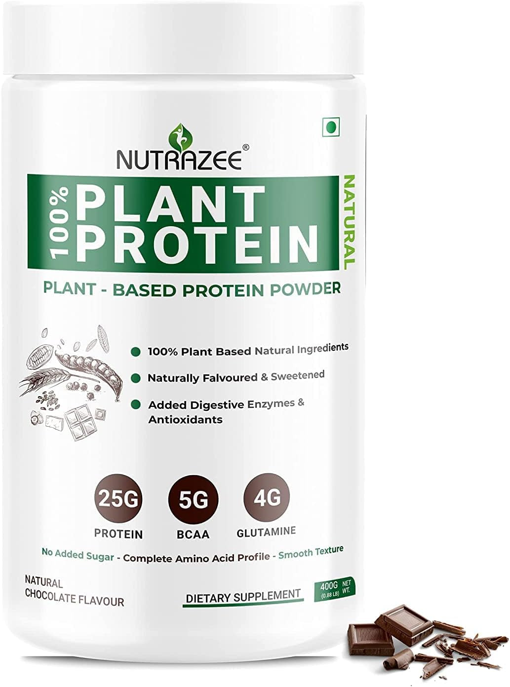 Gamium 100% Plant Protein Powder Vegan - for Men & Women, Natural Chocolate Flavour, Gluten & Lactose Free, Added Digestive Enzymes & Antioxidants (400 G, 11 Servings)