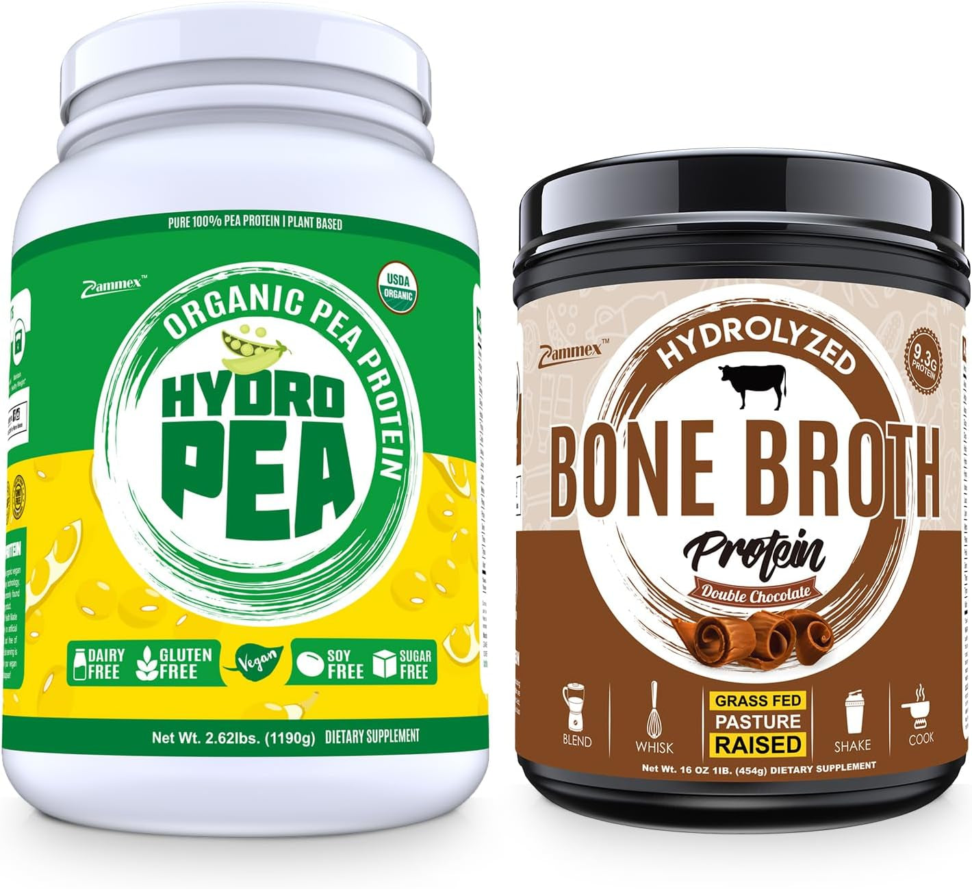 Zammex Pure Grass Fed Beef Bone Broth Protein Powder Chocolate 100% Pea Protein Powder(Unflavored)