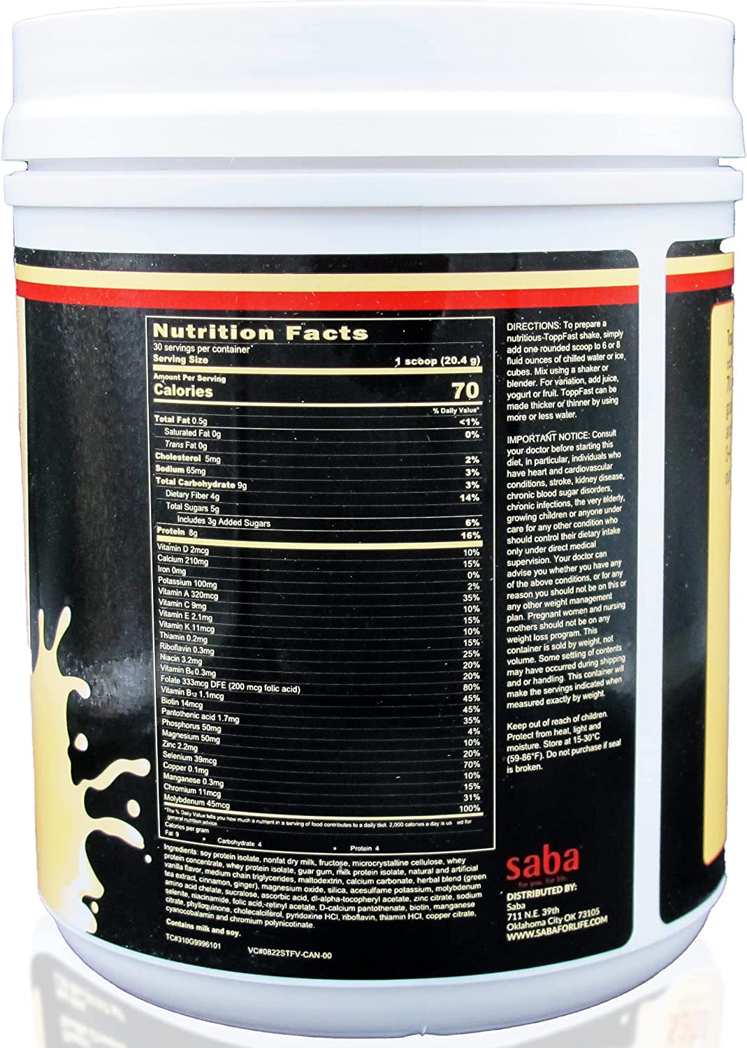 Saba Toppfast™-Weight Management Nutrition -Scientific Blend of Proteins, Herbs, Vitamins, Minerals, & Antioxidants in a Low-Fat, Low-Carb Formula (Vanilla)